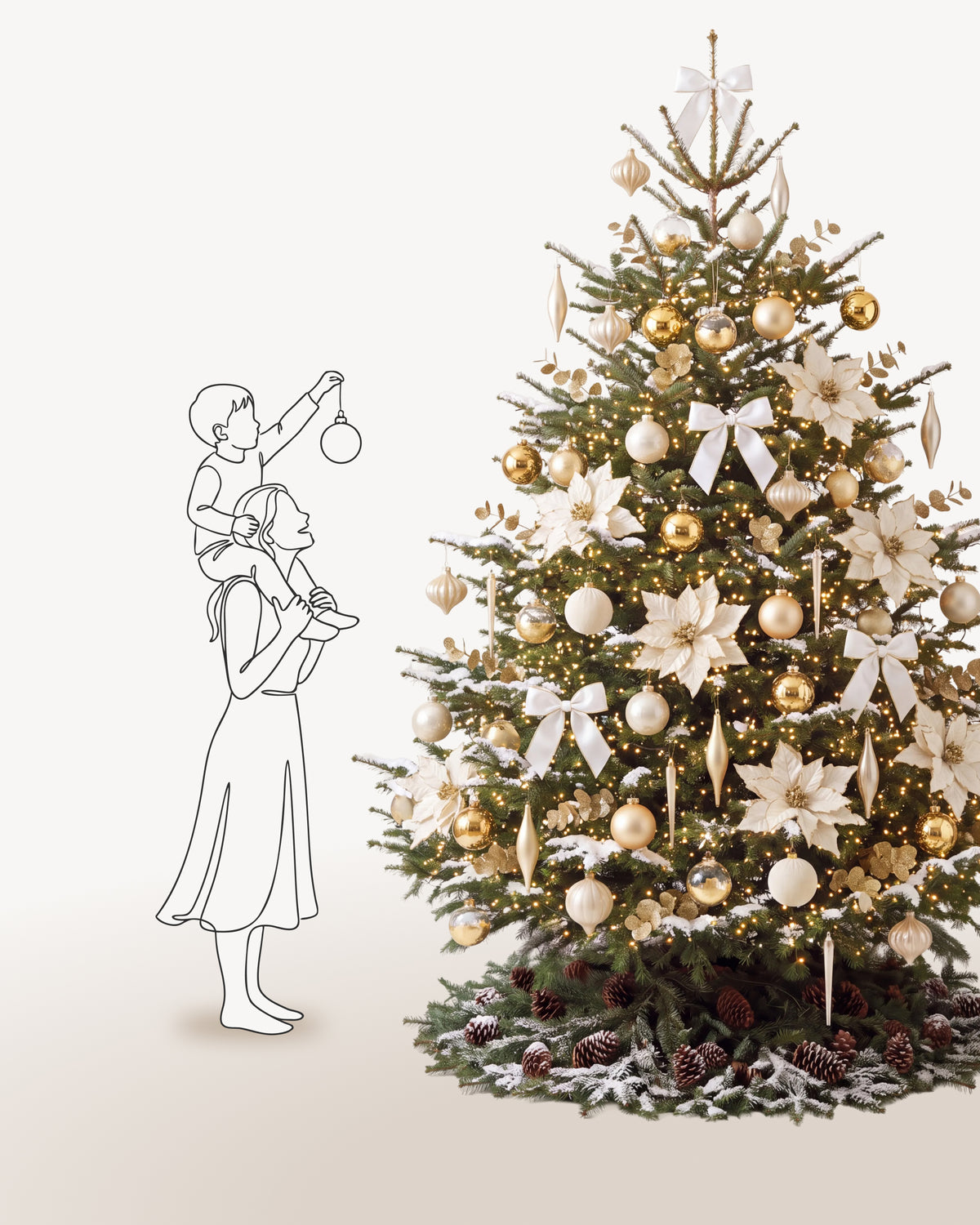 Sapin de Noël Grand Apparat Sacré-Cœur de 300 cm représenté à l'échelle à côté de silhouettes, pour juger de sa hauteur 