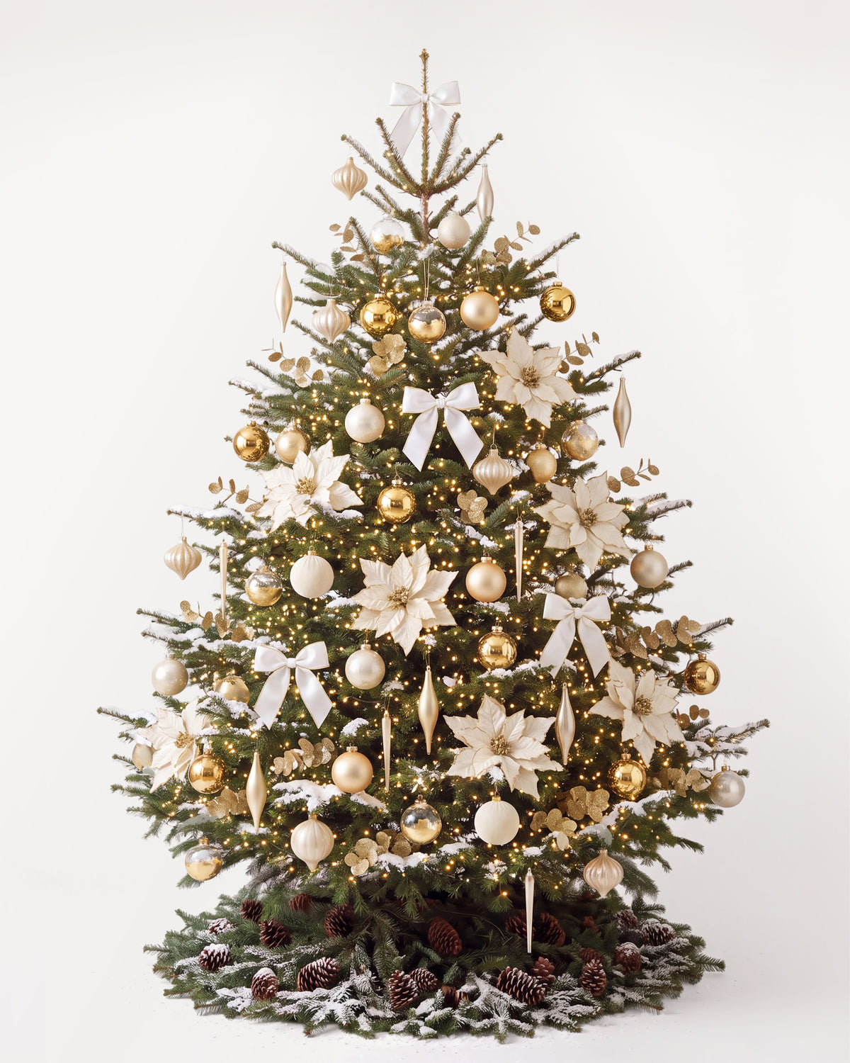 Sapin de Noël Grand Apparat Sacré-Cœur de 300 cm : nœuds de satin blanc, poinsettias ivoire, eucalyptus doré 