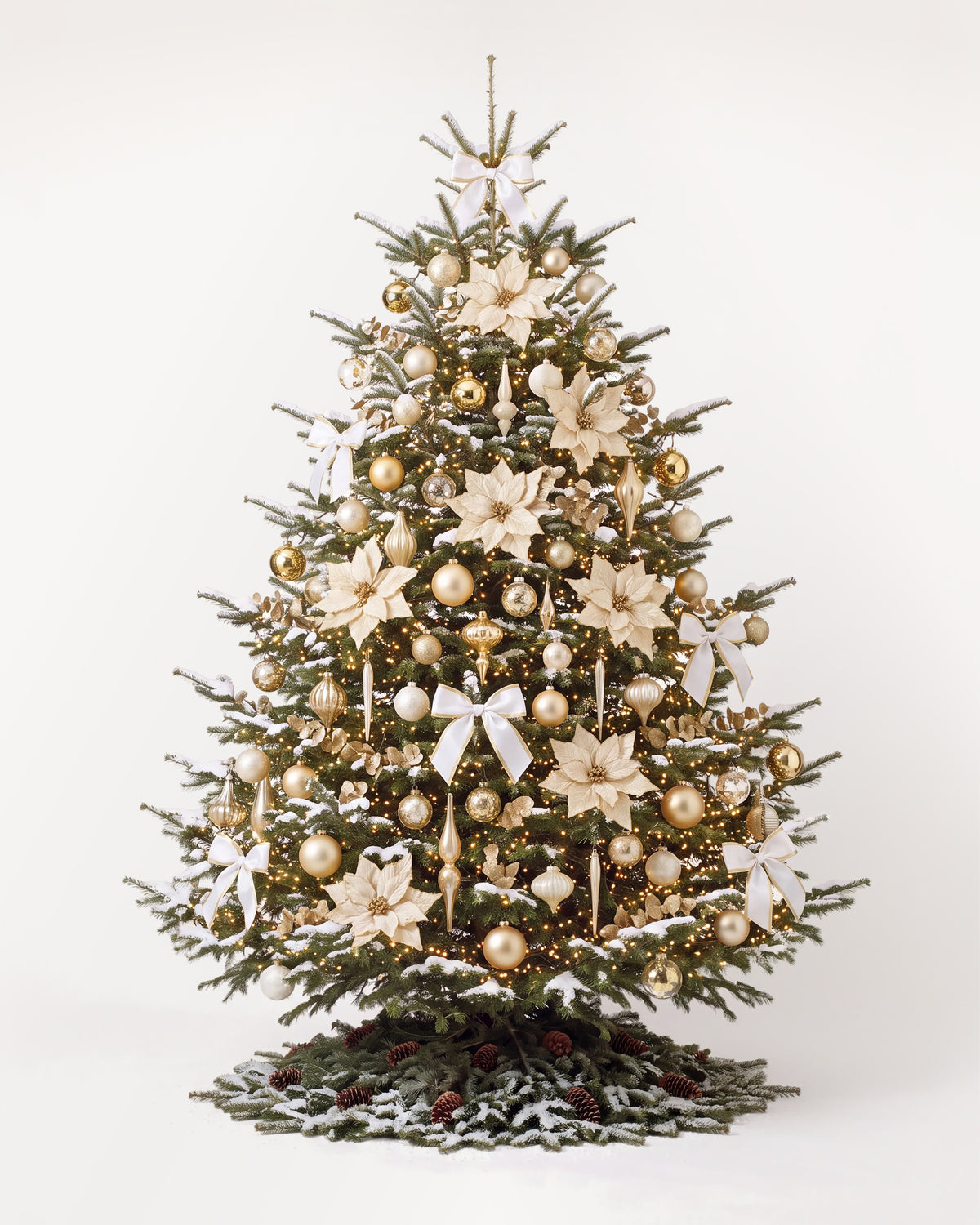 Sapin de Noël Grand Apparat Sacré-Cœur de 350 cm : nœuds de satin blanc, poinsettias ivoire, eucalyptus doré 