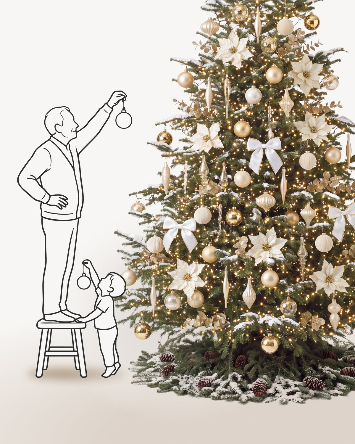 Sapin de Noël Grand Apparat Sacré-Cœur de 400 cm représenté à l'échelle à côté de silhouettes, pour juger de sa hauteur 