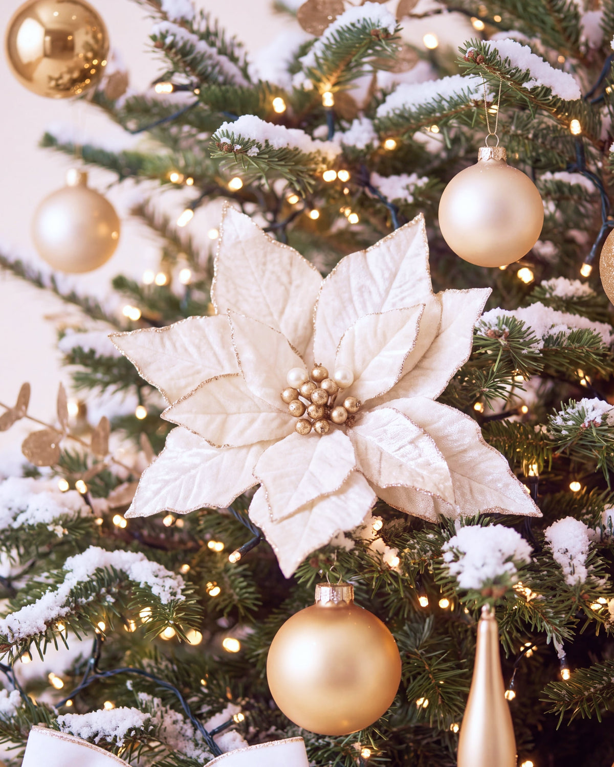 Détail du sapin de Noël Grand Apparat Sacré-Cœur : poinsettia ivoire et boules dorées sur branches enneigées 