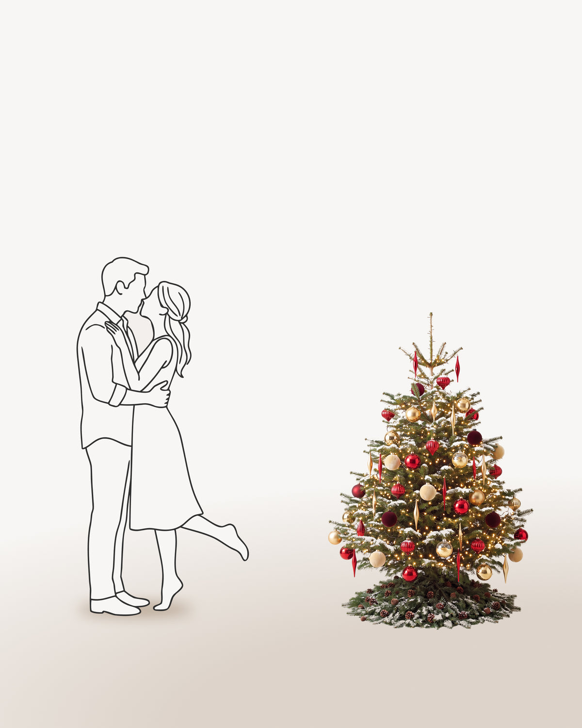 Sapin de Noël Parure Opéra de 150 cm représenté à l'échelle à côté de silhouettes, pour juger de sa hauteur 