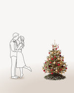 Sapin de Noël Parure Opéra de 150 cm représenté à l'échelle à côté de silhouettes, pour juger de sa hauteur 