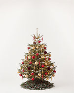 Sapin de Noël Parure Opéra de 150 cm : boules rouges, or et bordeaux, pampilles et guirlande blanc chaud 