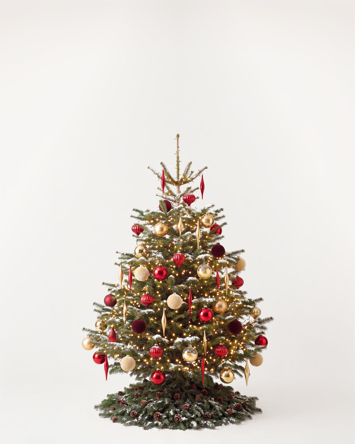 Sapin de Noël Parure Opéra de 150 cm : boules rouges, or et bordeaux, pampilles et guirlande blanc chaud 