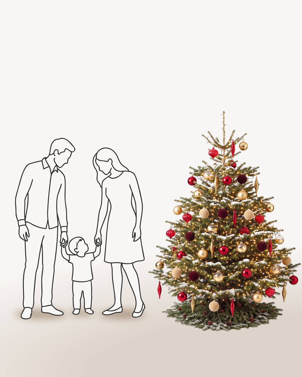 Sapin de Noël Parure Opéra de 200 cm représenté à l'échelle à côté de silhouettes, pour juger de sa hauteur 