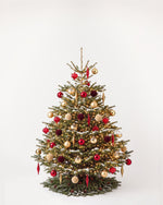 Sapin de Noël Parure Opéra de 200 cm : boules rouges, or et bordeaux, pampilles et guirlande blanc chaud 