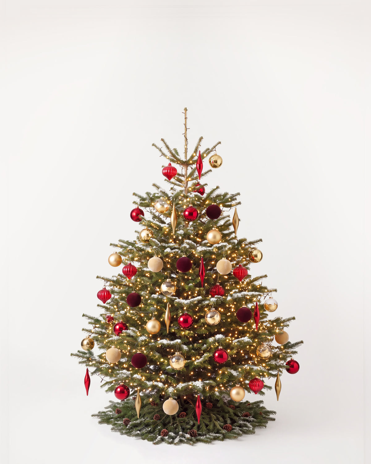 Sapin de Noël Parure Opéra de 200 cm : boules rouges, or et bordeaux, pampilles et guirlande blanc chaud 
