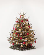 Sapin de Noël Parure Opéra de 250 cm : boules rouges, or et bordeaux, pampilles et guirlande blanc chaud 