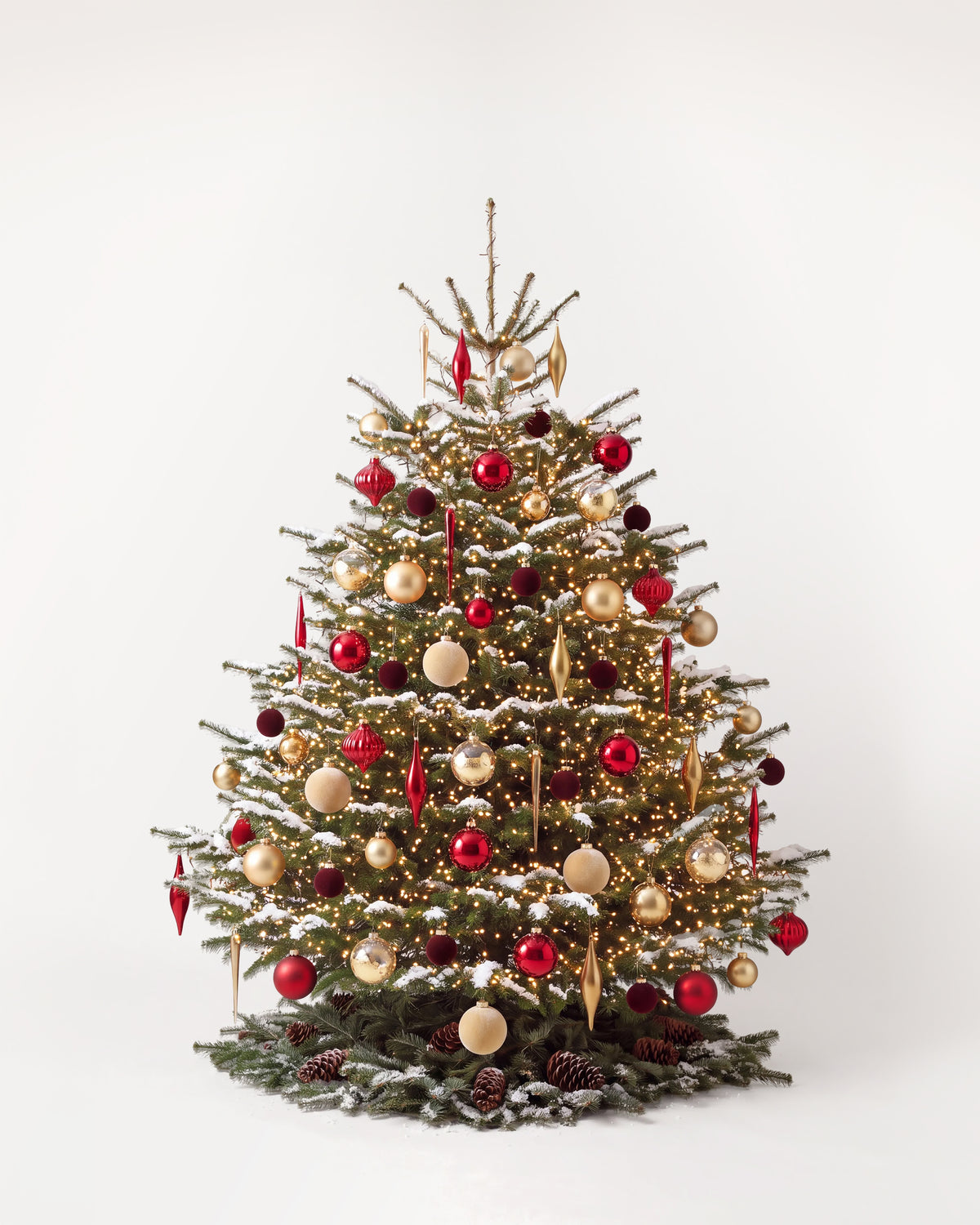 Sapin de Noël Parure Opéra de 250 cm : boules rouges, or et bordeaux, pampilles et guirlande blanc chaud 