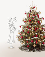 Sapin de Noël Parure Opéra de 300 cm représenté à l'échelle à côté de silhouettes, pour juger de sa hauteur 