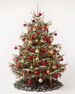 Sapin de Noël Parure Opéra de 300 cm : boules rouges, or et bordeaux, pampilles et guirlande blanc chaud 
