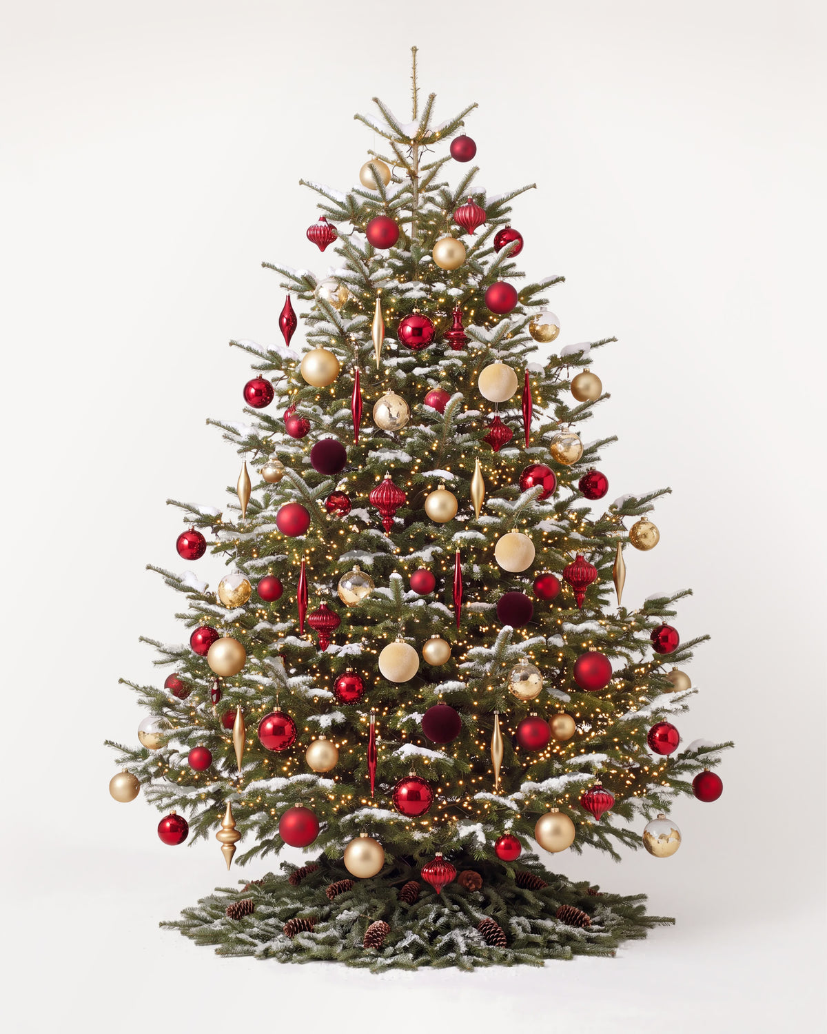 Sapin de Noël Parure Opéra de 350 cm : boules rouges, or et bordeaux, pampilles et guirlande blanc chaud 