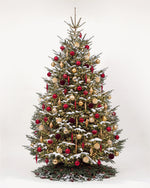 Sapin de Noël Parure Opéra de 500 cm : boules rouges, or et bordeaux, pampilles et guirlande blanc chaud 