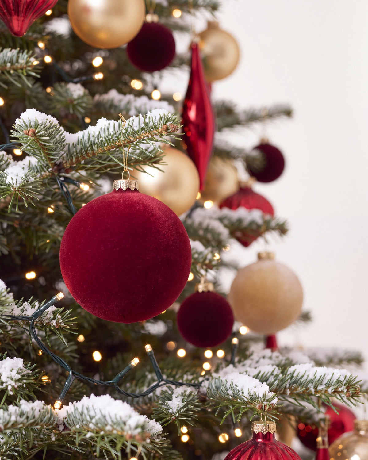Branche du sapin de Noël Parure Opéra : boules rouges et or, guirlande blanc chaud et neige artificielle 