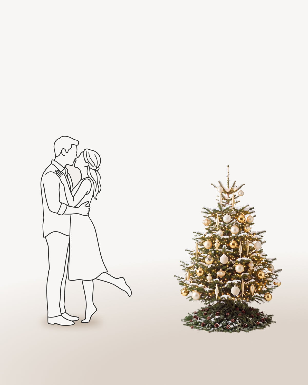 Sapin de Noël Parure Sacré-Cœur de 150 cm représenté à l'échelle à côté de silhouettes, pour juger de sa hauteur 