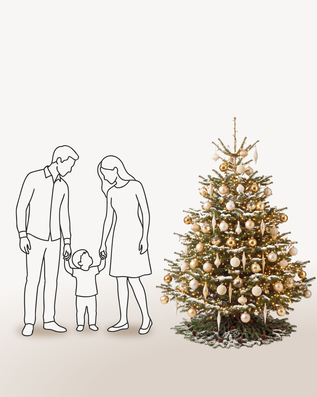 Sapin de Noël Parure Sacré-Cœur de 200 cm représenté à l'échelle à côté de silhouettes, pour juger de sa hauteur 