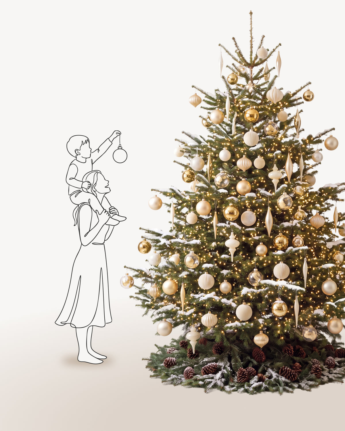 Sapin de Noël Parure Sacré-Cœur de 300 cm représenté à l'échelle à côté de silhouettes, pour juger de sa hauteur 
