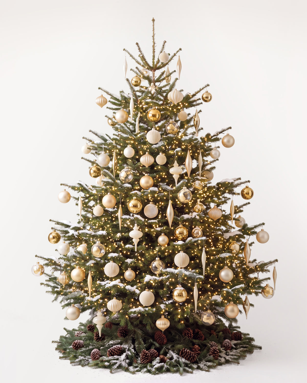 Sapin de Noël Parure Sacré-Cœur de 300 cm : boules or et ivoire, pampilles et guirlande blanc chaud 