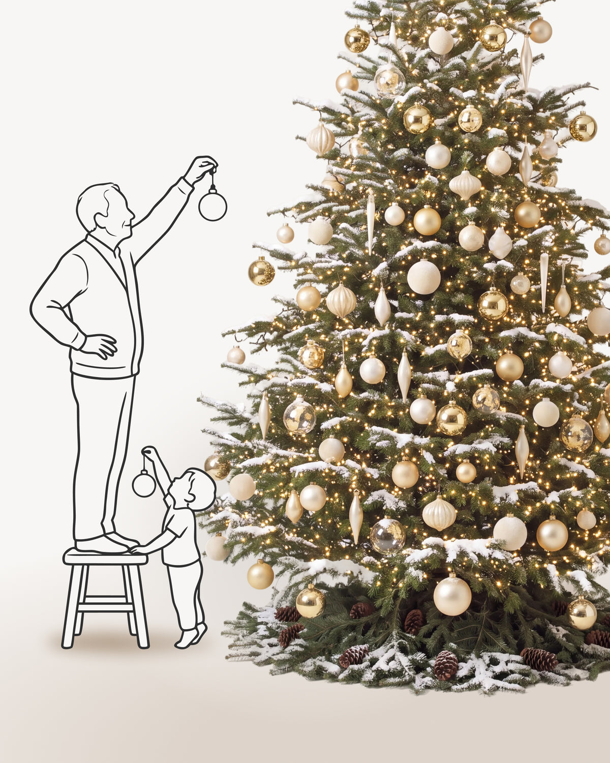 Sapin de Noël Parure Sacré-Cœur de 400 cm représenté à l'échelle à côté de silhouettes, pour juger de sa hauteur 