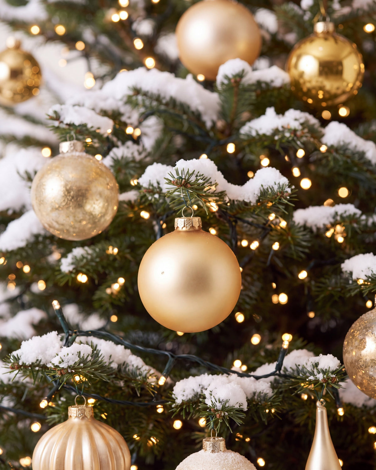 Détail du sapin de Noël Parure Sacré-Cœur : boules dorées entre des branches enneigées et éclairées 
