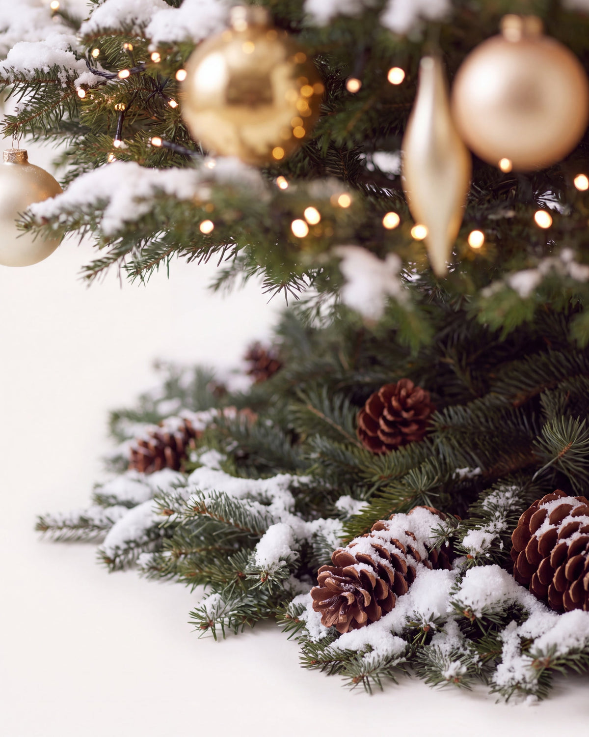 Pied du sapin de Noël Parure Sacré-Cœur : branches de sapin posées au sol, pommes de pin et neige artificielle 