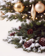 Pied du sapin de Noël Parure Sacré-Cœur : branches de sapin posées au sol, pommes de pin et neige artificielle 