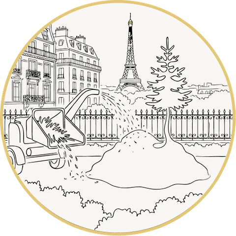 A shredder turns the tree into mulch, with the Eiffel Tower behind
