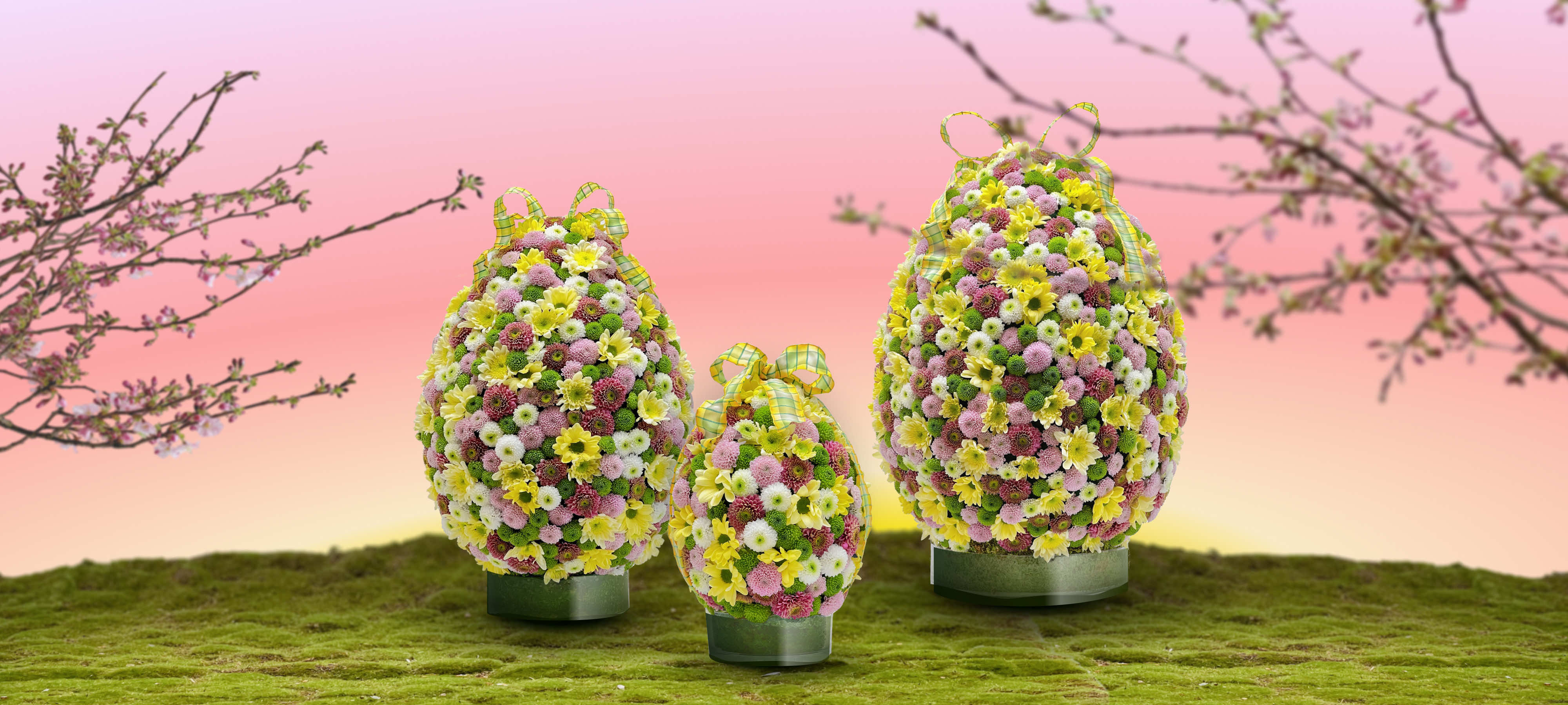 Decorative eggs studded with chrysanthemums